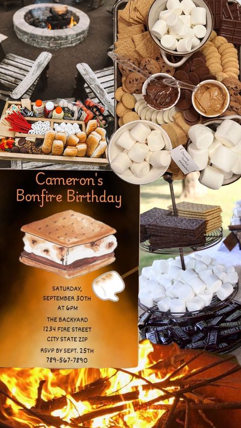 Bonfire Birthday Party #bonfirenight #smores Teenage Bonfire Party Ideas, Bonfire Birthday Party Ideas For Teens, Bonfire Birthday Party Ideas, Smores Birthday Party Ideas, Bonfire Party Ideas, Campfire Birthday Party, Birthday Party Ideas For Teens, Bonfire Aesthetic, Bonfire Ideas