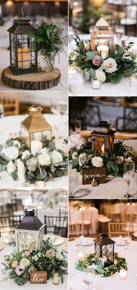 Diy Wedding Centerpieces Lanterns, Centerpiece With Lantern And Flowers, Rustic Lantern Centerpieces Wedding Table Decorations, Mini Lanterns Wedding, Rustic Wedding Decor Lanterns, Lantern Decorations Wedding, Different Wedding Centerpieces, Rustic Wedding Lanterns, Centerpieces Wedding Lights