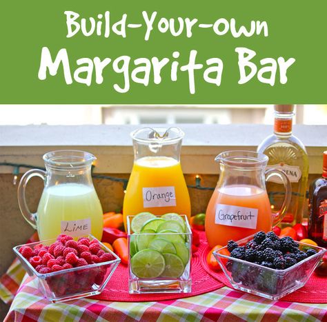 Build your own margarita bar:   INGREDIENTS TO SET OUT: tequila / raspberries, blackberries, and strawberries / Fresh squeezed juices like grapefruit, lime, mango, and orange / hot sauce / sliced limes / simple syrup (simmer equal parts water and sugar 2 minutes then cool) / kosher salt / ice Diy Cocktail Bar, Margarita Party, Margarita Bar, Diy Cocktails, Fresh Squeezed Juice, Taco Party, Drink Bar, Diy Drinks, Cocktails Bar