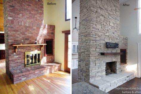 Brown Brick House Exterior, Diy Stone Veneer, Farmhouse Brick, Brown Brick Houses, Veneer Fireplace, Stone Veneer Fireplace, Simple Fireplace, Fireplace Cover, Fireplace Shelves