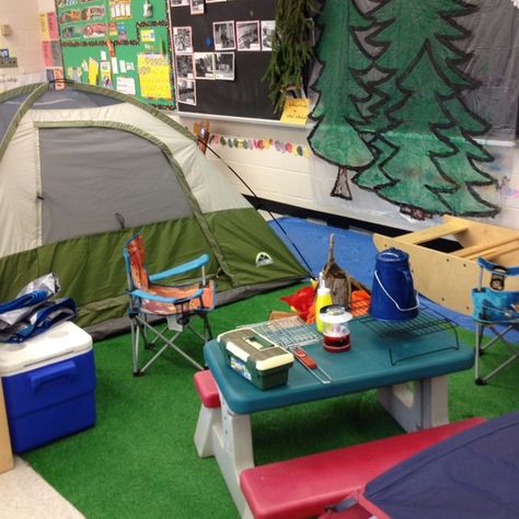 We set up a dramatic play center that focuses on the outdoors, camping and fishing. We are incorporating literacy by encouraging them to write "postcards from camp" and by fishing for magnetic sight word fish. Camping Dramatic Play, Camping Preschool, Camping Theme Preschool, Dramatic Play Center, Camping Classroom, Camping Theme Classroom, Role Play Areas, Dramatic Play Area, Dramatic Play Preschool