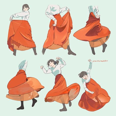 Floating Skirt Drawing Reference, Maxi Skirt Drawing Reference, Spinning Skirt Reference, How To Draw A Long Skirt, Long Skirt Pose Reference, How To Draw Long Skirts, Long Skirt Art Reference, Skirt Movement Reference, Skirt Poses Drawing