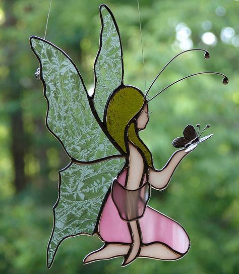 Fairy Stained Glass Patterns | photo Stained Glass Fairy, Glass Fairy, L'art Du Vitrail, Stained Glass Angel, Glass Painting Designs, Stained Glass Decor, Clear Glue, Stained Glass Suncatchers, Stained Glass Diy