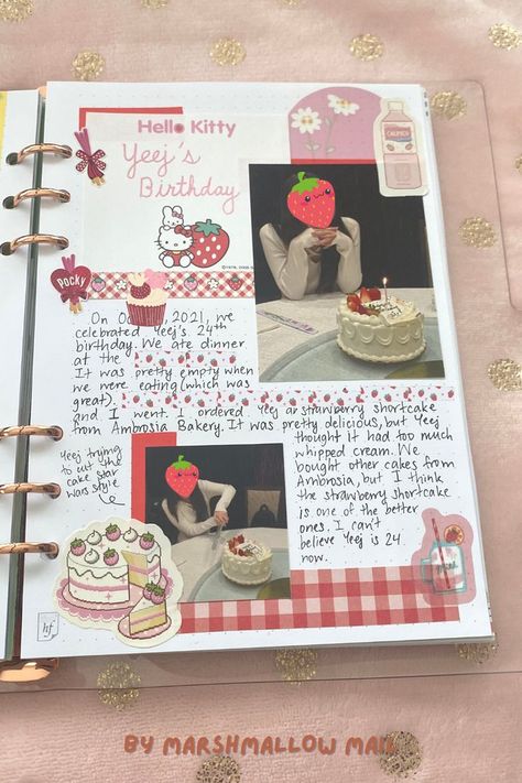 Pink Strawberry Aesthetic, Strawberry Collage, Aesthetic Bullet Journal, Strawberry Aesthetic, Journal Inspiration Writing, Pretty Journals, Diy Journal Books, Scrapbook Gift, Pen Pal Letters