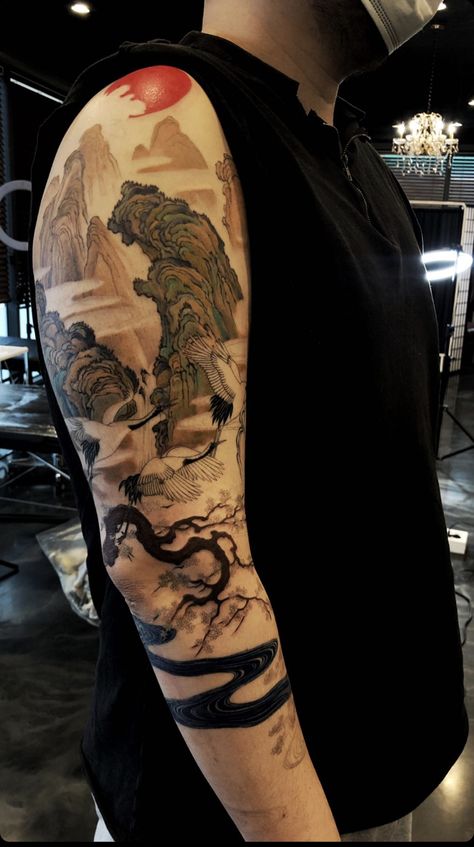 Japanese Ink Tattoo, Chinese Moon Tattoo, Tattoo Ideas Asian, Anime Cover Up Tattoo, Chinese Sleeve Tattoo, Korean Sleeve Tattoo, Japanese Aesthetic Tattoo, Japan Aesthetic Tattoo, Asian Arm Tattoo