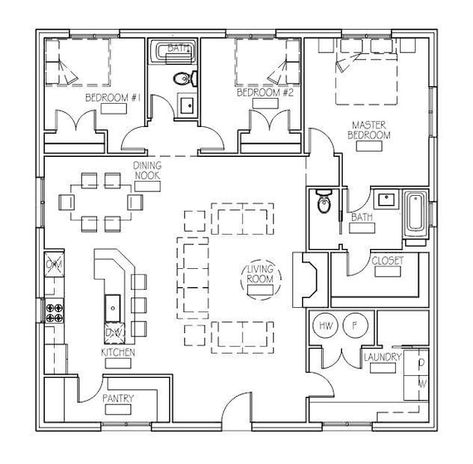 This plan offers a 40x40, 3 bedroom, 2 bath building that can be plopped on any plot of land! Just click, order, and download to obtain the dimension-ed and scaled floor plan & elevations of this little treasure for use on your own property! Perfect for use as a mountain or lake house, beach hut, Cottage Floor Plans, Small House Floor Plans, Barndominium Floor Plans, House Beach, Cottage Plan, Hus Inspiration, Cabin Plans, घर की सजावट, Cottage House Plans