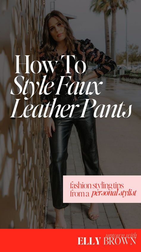 Dive into Uptown With Elly Brown's guide on how to make your style the faux leather trend in 5+ different ways. From edgy streetwear to classy evening attire, she is showing you how to create versatile, fashion-forward look this Fall. Follow for more leather pant outfits, fall fashion, and style guides. Faux Leather Pants Outfit With Boots, How To Wear Leather Pants To Work, Styling Wide Leg Faux Leather Pants, Black Leather Pants Outfit Women, What To Wear With Black Faux Leather Pants, Fall Outfits With Leather Pants, Leather Pants Wedding Outfit, How To Style Wide Leg Leather Pants, Leather Pants Outfit Formal