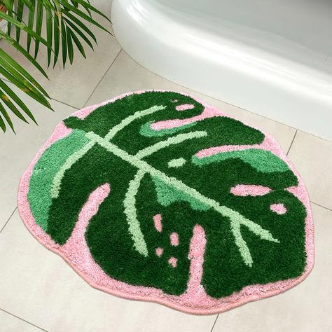 PRICES MAY VARY. 🍃Unique design:Leaf Bathroom Rug That Gives You The Best Tactile Experience! The Green Plant Rug Pattern Makes You Feel Like You are in The Forest, And The Thickened Design is Softer And More Comfortable. The Bright Green and Exquisite Details Will add luster to Your Bathroom and Make Your Steps Feel Friendly and Soft. High-Quality Materials, Comfortable and lovely monstera albo Mats Will Make You Feel Endless Relaxation, Whether During a Busy Working Day or Ieisure Time. Inter Plant Rug Tufting, Cute Bathroom Rugs, Forest Themed Bathroom, Apartment Decor Green, Maximalist Bathroom Decor, Leaf Bathroom, Pink Bathroom Rugs, Plant Bathroom, Jungle Bathroom