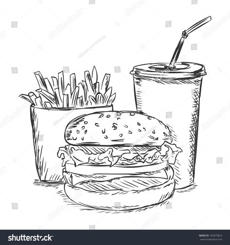 Fast Food Sketch, Food Sketch Easy, Burger And Fries Drawing, Fast Food Drawing, Burger Sketch, Food Drawing Sketches, Mcdonalds Sweet Tea, Burger Drawing, Food French Fries