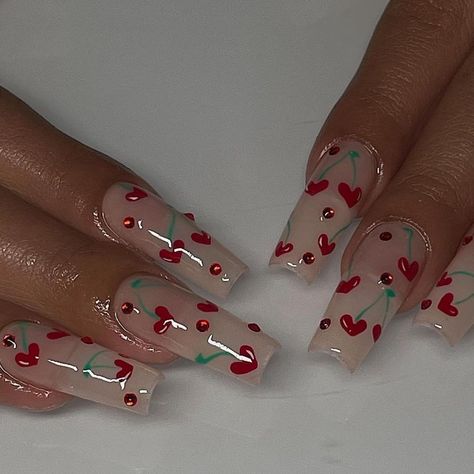 Vday Nails, Cherry Nails, Cute Acrylic Nail Designs, Nagel Inspo, Heart Nails, Fire Nails, Funky Nails, Pretty Acrylic Nails, Nail Arts