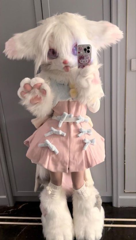 Cute Kemono Fursuit, Bunny Kemono Fursuit, Partial Fursuit Outfits, Cute Fursuit Ideas, Kemono Cat Fursuit, Fur Suit Ideas, Kimono Fursuits, Pastel Fursuit, Lamb Fursona