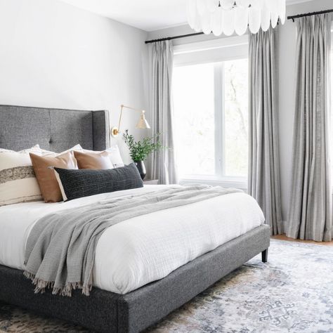 King Bed Gray Headboard, Grey Bed Frame Wood Furniture, Grey Bed Frame Master Bedrooms, Dark Grey Bed With White Nightstands, Grey Headboard Guest Bedroom, Gray Walls Black Furniture Bedroom, Bedroom Inspirations Dark Grey Headboard, Dark Gray Furniture Bedroom, Grey Fabric Bed Bedroom