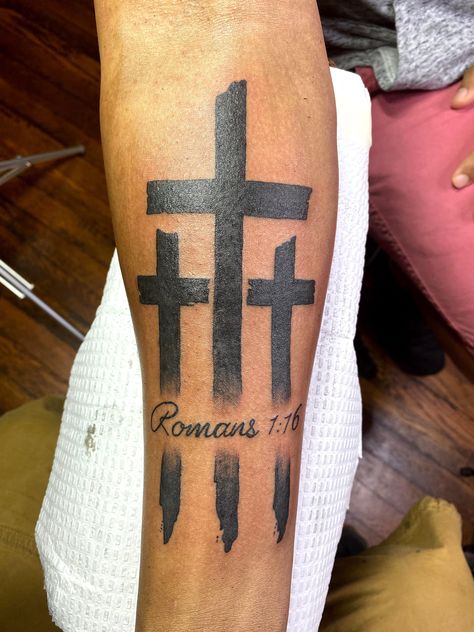 3 Crosses Tattoo Men Forearm, 3 Crosses Tattoo Design, 3 Crosses Tattoo, Tattoos On Forearm, Crosses Tattoo, Tato Salib, Band Tattoos For Men, 3 Crosses, Simple Cross Tattoo