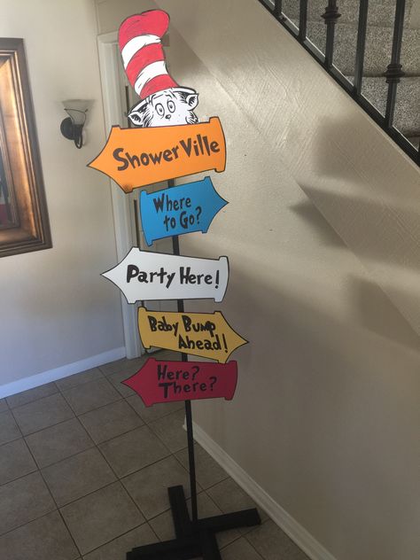 Dr Seuss Baby Shower Ideas, Dr Seuss Baby Shower Decorations, Dr Suess Baby, Twin Boys Baby Shower, Cat In The Hat Party, Cat Baby Shower, Dr Seuss Birthday Party, Storybook Baby Shower, Dr Seuss Baby Shower