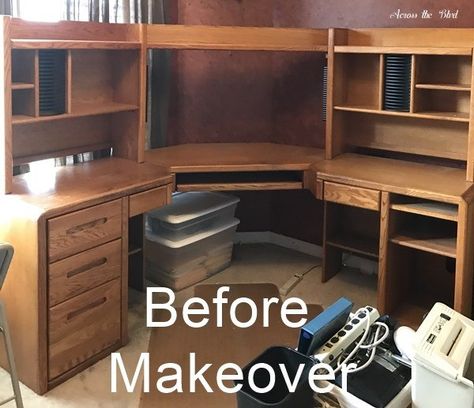 Large Desk Makeover Using Chalk Paint Wood Desk Transformation, Big Desk Small Room, Computer Desk Flip, Painting Desks Ideas, Bulky Desk Makeover, Office Desk Redo Ideas, Painting Office Furniture, Old Computer Desk Makeover, Upcycled Office Furniture