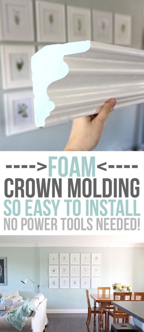 FOAM crown molding is easier to install than traditional molding, but once it's up, it looks the same! No power tools required, it is installed with glue. Pre-made corners available too! DIY home upgrades for the beginning remodeler. Foam Crown Molding, Crown Molding Installation, Foam Crown, Diy Home Upgrades, Crown Moldings, Home Remodeling Diy, Diy Casa, Diy Remodel, Home Upgrades