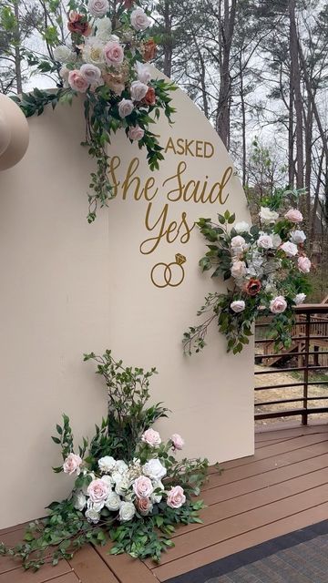 Atlanta Balloon Event Decor by Icet on Instagram: "He Asked, She Said YES! 💍 Love making these floral arrangements 😍 #engaged #heaskedshesaidyes #proposal #misstomrs #atlanta #shesaidyes #futuremrandmrs #balloondecor" Garden Decoration For Engagement, Engagement Arrangements Decor, Engagement Dinner Centerpieces, She Said Yes Backdrop, House Engagement Decorations, He Asked She Said Yes Engagement, Engagement Party Floral Arrangements, She Said Yes Engagement Party Decoration, Engagement Event Decoration