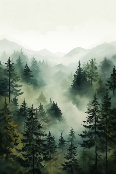 Spruce Tree Painting, Dark Forest Watercolor, Foggy Watercolor, Forest Painting Ideas, Pine Forest Painting, Watercolour Forest, Evergreen Landscape, Landscape Pencil Drawings, Forest Watercolor