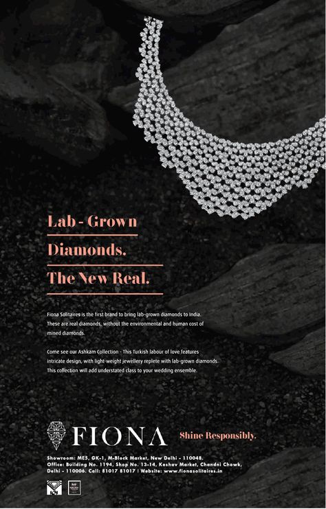 fiona-lab-grown-diamonds-the-new-real-ad-delhi-times-27-07-2018 Diamond Creative Ads, Newspaper Advertisement, Store Ads, Light Weight Jewelry, Social Awareness, Jewelry Ads, Ad Creative, Infographic Marketing, Creative Artwork