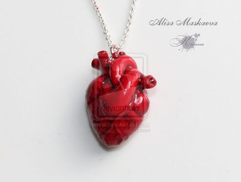 Anatomic Heart by Krinna.deviantart.com Anatomic Heart, Anatomical Heart Pendant, Anatomical Heart Necklace, How To Make Clay, Fruit Jewelry, Polymer Earrings, Anatomical Heart, Clay Charms, Cold Porcelain