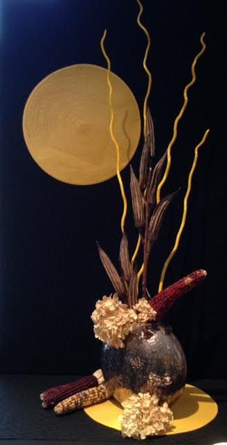 "Harvest Moon" Richmond Designer's Guild Flower Show, dried arrangement, okra, hydrangea, corn, sticks Dried Okra, Corn Sticks, Contemporary Flower Arrangements, Floral Art Arrangements, Floral Art Design, Ikebana Flower Arrangement, Fall Floral Arrangements, Autumn Design, Flower Vase Arrangements