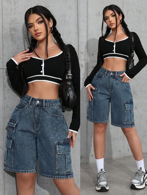 Medium Wash Casual Collar  Denim Colorblock,Plain Straight Leg Embellished Non-Stretch  Women Clothing Casual Denim Shorts, Women Cargos, Cargo Pocket, Cargo Jeans, Casual Denim, Women Clothing, Jean Shorts, Color Blocking, Denim Jeans