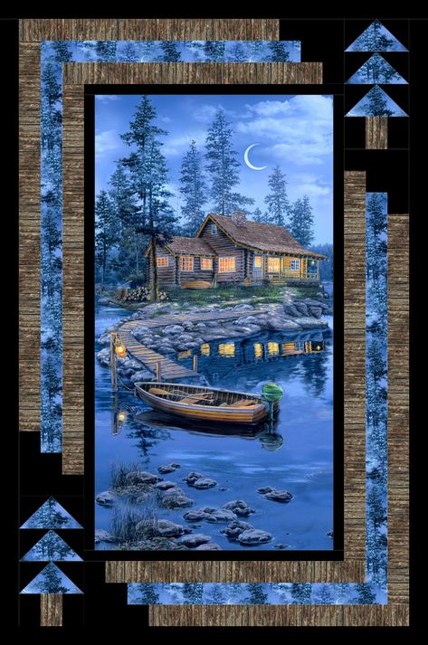 Wildlife Quilts, Panel Quilt Patterns, Tree Theme, Fabric Panel Quilts, Lakeside Cabin, 1950s Christmas, Raz Imports, Christmas Tabletop, Landscape Quilts