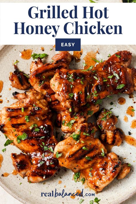 This Grilled Hot Honey Chicken is the best combination of sweet and spicy — perfect for a quick weeknight dinner or a weekend cookout. It can be marinated, grilled, and ready to serve in just 40 minutes. This one is really easy to make. You'll start by making your homemade hot honey sauce, marinate the chicken in half of this sauce for 15-30 minutes, then grill the chicken until it's cooked through, brushing it with some extra remaining sauce in the last few minutes. Skillet Hot Honey Chicken With Hearty Greens, Recipes With Hot Honey Sauce, Easy And Healthy Weeknight Dinners, Grilled Healthy Meals, Chicken Recipes For The Grill, Hot Honey Glazed Chicken, Honey Garlic Chicken Grilled, Hot Honey Chicken Sauce, Hot Honey Marinade