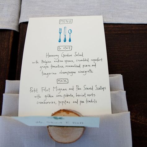 Simple handwritten menu cards | Orchard Cove Photography | Goosefish Press, Inc. Rustic Wedding Reception Decor, Small Wedding Ideas, Retail Branding, Blue Wedding Decorations, Handwritten Wedding, Samantha Wedding, Rustic Wedding Reception, Simple Menu, Wedding Reception Decor