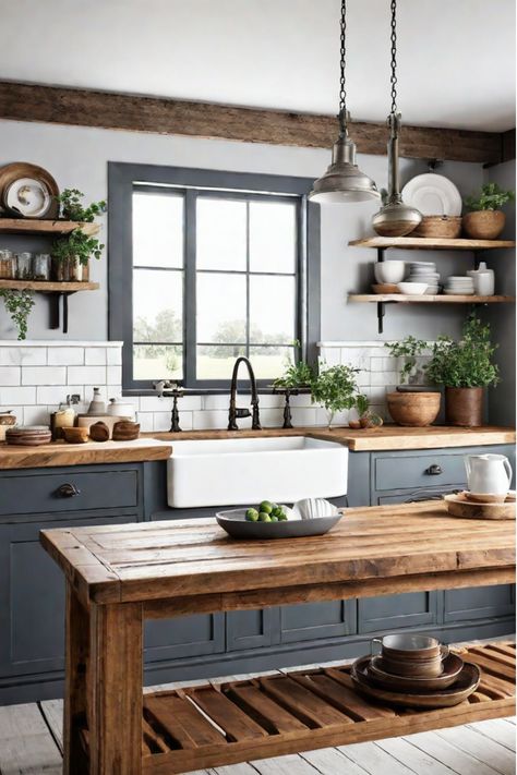 Farmhouse kitchen island with a custom-built wood base and a butcher block countertop Small Farmhouse Kitchen Remodel, Small Farm Kitchen, Kitchen Inspo Modern Farmhouse, Craftsman Farmhouse Kitchen, Organic Modern Farmhouse, Small Modern Farmhouse Kitchens, Farm Kitchen Design, Farmhouse Kitchen Islands, Country Kitchen Ideas Farmhouse Style