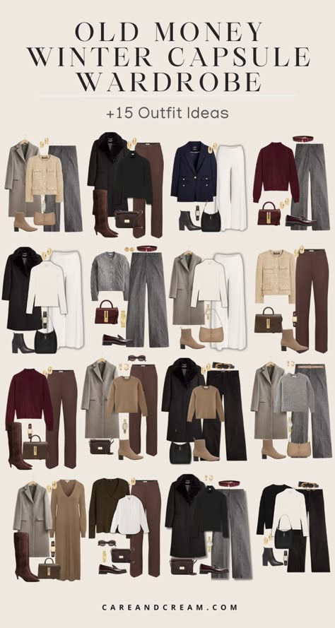 Old money winter capsule wardrobe guide, featuring all the must-have old money winter wardrobe essentials, along with 15 classy winter outfits. Be inspired by old money winter outfits for women to elevate your aesthetic. Get winter outfit inspiration to create your unique style. Winter basics wardrobe, women’s fashion outfits winter. Winter Casual Outfits Aesthetic, Must Have Items For Women Fashion, Old Fashion Winter Outfits, Winter Outfit 2025 Women, Old Money Outfit For Women, Winter Old Money Outfit Women, Clothes Winter Aesthetic, Classic Outfits For Women Winter, Old Money Winter Women