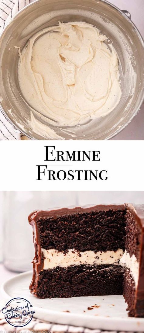 This light and fluffy ermine frosting recipe is a perfect topping for cakes and cupcakes. Learn how to make this old-fashioned frosting with a silky smooth texture and delicious vanilla flavor. Old Fashioned Ermine Frosting, Shortening Frosting Recipes, Ermine Icing Recipe, How To Turn Store Bought Frosting Into Icing, Vanilla Frosting Not Too Sweet, Cake With Ermine Frosting, Old Fashioned Frosting Recipe, Vegan Ermine Frosting, Mahogany Cake With Ermine Frosting