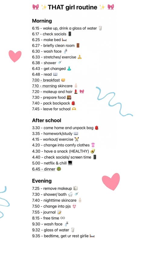 That girl routine #morningroutine #thatgirl #school Morning Routine 630 To 730, Good Routines For School, Daily Routine Schedule For Healthy Lifestyle, Healthy School Routine, School Bedtime Routine, Daily After School Routine, Best School Morning Routine, Grwm Ideas List, Morning Routine For School 6:30 To 7:30