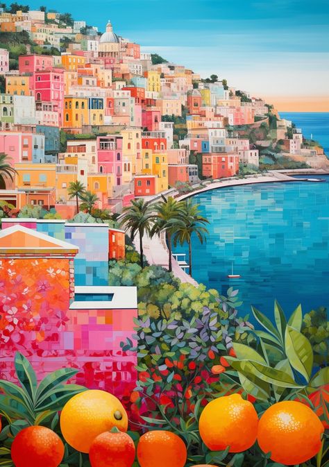 Positano Italy Art Print, Positano Painting Amalfi Coast, Amalfi Coast Drawing, Amalfi Coast Art, Positano Illustration, Positano Art, Coastline Painting, Amalfi Art, Amalfi Coast Painting