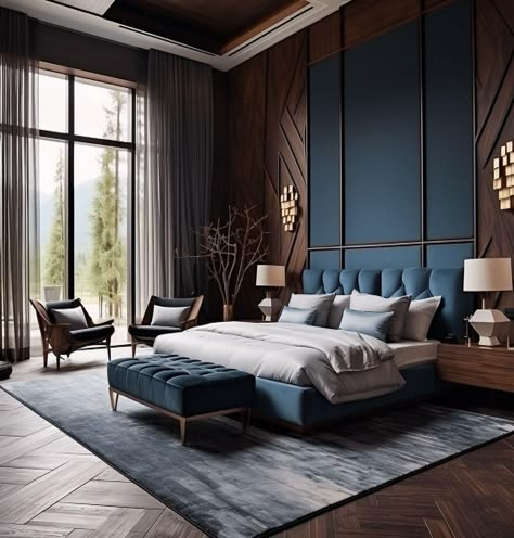 Classic Modern Rustic Bedroom, Classic Blue Bedroom, Bedroom Trends 2024, Bed Back Panel, Wall Panel For Bedroom, Master Bedrooms 2024 Trends, Blue Master Bedrooms Decor, Blue And White Wardrobe, Guest Bedroom Ideas Modern