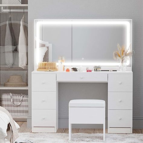 Amazon.com: IRONCK Vanity Desk Set with LED Lighted Mirror & Power Outlet, 7 Drawers Makeup Vanities Dressing Table with Stool, for Bedroom, White : Home & Kitchen Bedroom Vanity Desk, Vanity Bedroom, Make Up Desk Vanity, Lighted Mirror, Preppy Room, Bedroom Vanity, White Vanity, Vanity Desk, Modern Vanity