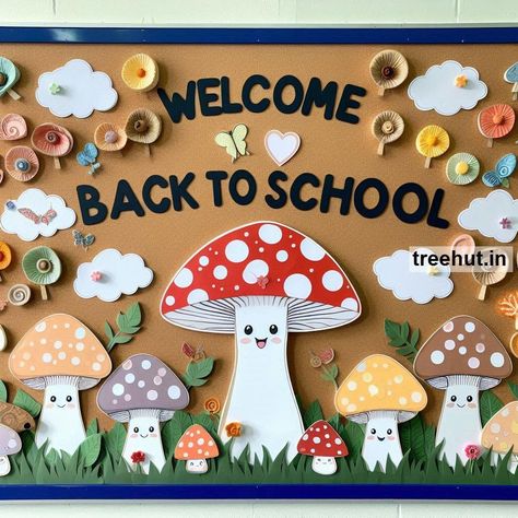 These Fall Mushroom themed bulletin board ideas and activities will create a vibrant start to the school year for elementary students, fostering a love for learning and creativity in the classroom. Autumn Board Ideas For School, Start Of The Year Bulletin Board Ideas, Creative Bulletin Board Borders Ideas, Mushroom Bulletin Board, Fall Bulletin Board Ideas For Preschool, School In Fall, Fall Bulletin Board Ideas, School Classroom Decoration, Boarders For Bulletin Boards