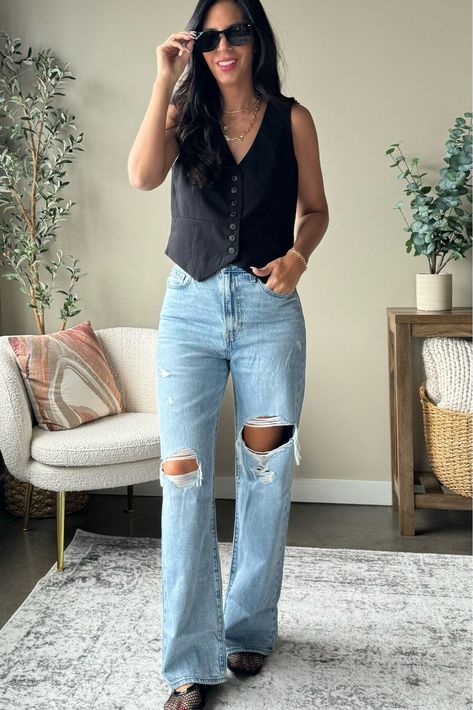 Target black vest is tts and wearing a small Levi denim Ribcage jeans - tts  #LTKOver40#LTKU#LTKFindsUnder100 https://liketk.it/4FTYc Black Jeans Concert Outfit, Black Vest And Jeans Outfit, Black Jean Vest Outfit, Jeans And Vest Outfit, Black Denim Vest Outfit, Jean Vest Outfits, Black Vest Outfit, Denim Vest Outfit, Black Denim Vest