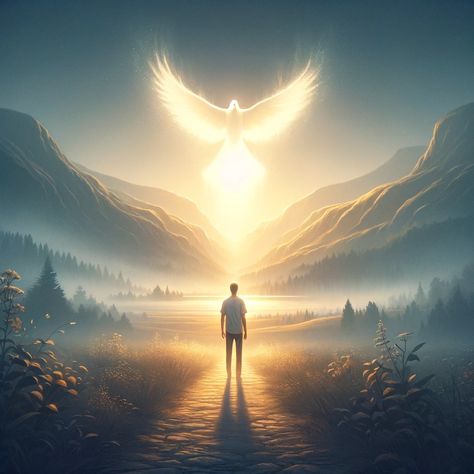 An image symbolizing the essence of 2 Timothy 1:7, focusing on overcoming fear with the Holy Spirit's power. The scene depicts a serene landscape, possibly at dawn, with a faint representation of the Holy Spirit in the form of a dove hovering above. In the foreground, a person stands facing a path that leads towards a light, symbolizing guidance and courage. The light is warm and inviting,... Christian Images Faith, Courage Pictures, 7 Spirits Of God, Love In Bible, Holy Spirit Images, The Lord Is My Helper, Holy Spirit Art, God Is Light, God Of Light