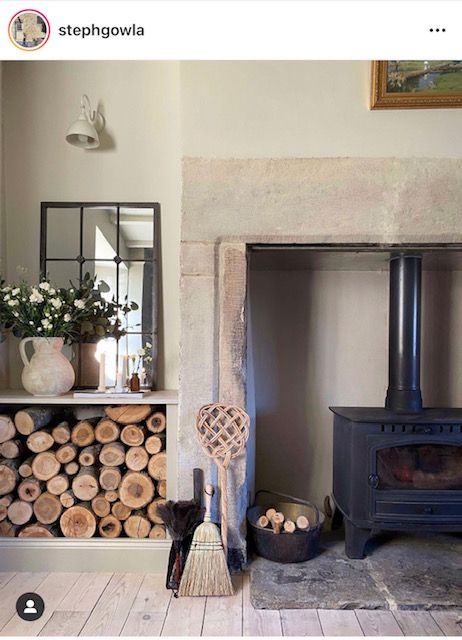 English Cottage Wood Burning Stove Cottage Fireplace Ideas, Small Cottage Interiors, Rug Beater, Wood Burning Stoves Living Room, Cottage Fireplace, Cottage Woods, English Cottage Decor, Wood Stove Fireplace, Feather Duster