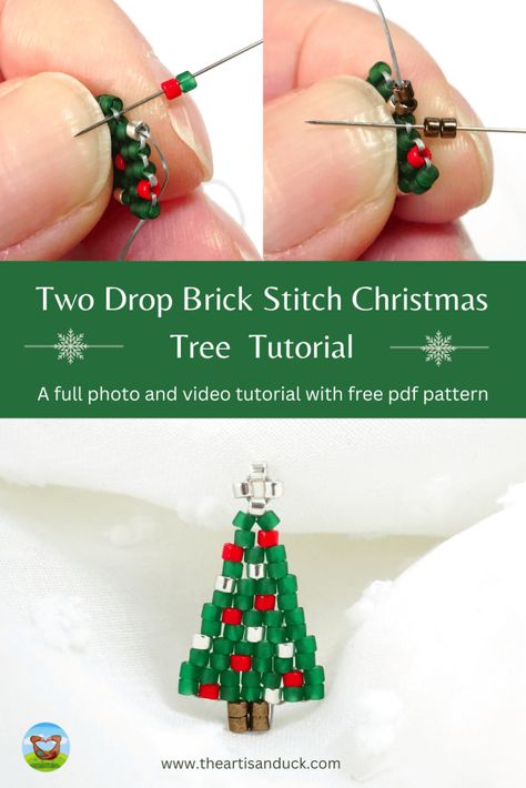 Brick Stitch Christmas Tree, Brick Stitch Christmas Patterns, Christmas Beading Patterns Free, Bead Patterns Free, Brick Stitch Tutorial, Christmas Beading, Free Beading Tutorials, Tree Tutorial, Bead Weaving Tutorials