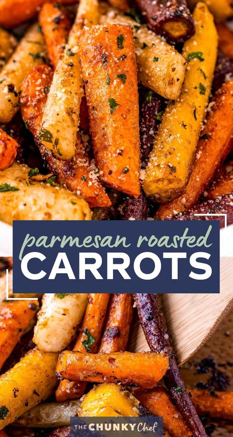 This classic Roasted Carrots recipe combines crisp fresh carrots, seasonings, garlic and Parmesan cheese, and bakes them until tender with lightly caramelized edges!  Savory with a natural sweetness from the carrots, it's the perfect side dish for the holidays or family dinner! #carrots #sidedish #vegetables #roasted #Parmesan #holiday #thanksgiving #easyrecipe #roastedveggies Seasoned Carrots Side Dishes, Roasted Carrots Savory, Roasted Carrots Salad, Roasted Carrots With Parmesan Cheese, Holiday Vegetables Recipes, Vegetable Dish For Thanksgiving, Savory Carrots Side Dish, Colored Carrots Recipe, Carrot Seasoning