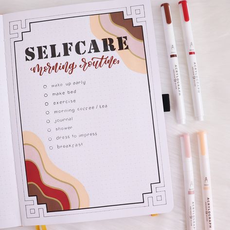 Hi! It’s Kate from @journalwithkate on Instagram and today I’m here to share a selfcare morning routine to restore your calmness. Self-care is something we all should be implementing on a daily basis, yet for most of us it comes as a bit of a struggle. The best way of incorporating self care is by starting the day off with it.  Recommended supplies Archer and Olive Notebook: Here I'm using the B5 Morning Sun dot grid notebook. It's bigger than the usual A5. Perfect if you find yourself needi Journal Ideas For Mental Health, Bullet Journal Morning Routine, Morning Routine Bullet Journal, Journal Morning Routine, Routine Bullet Journal, Bullet Journal Prompts, Tea Journal, Archer And Olive, Bullet Journal Stencils