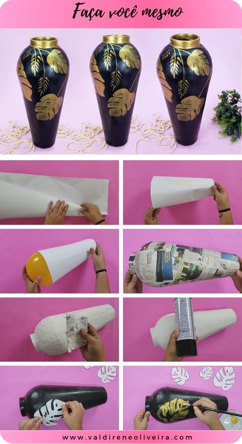 Vase Crafts Diy, Cartapesta Ideas, Bottle Decoration, Paper Vase, Paper Mache Crafts, Vase Crafts, Tanah Liat, Diy Bottle Crafts, Newspaper Crafts