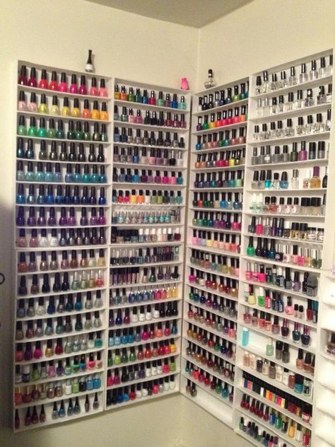 an amazing and ridiculous nail polish collection Nail Polish Shelf, Penyimpanan Makeup, Polish Organization, Nail Polish Holder, Nail Polish Rack, Home Nail Salon, Nail Salon Decor, Nail Polish Storage, Nail Polish Organizer