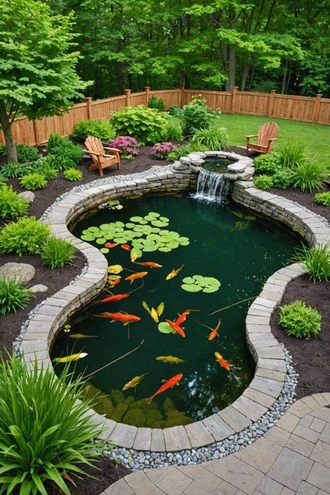 Backyard Turtle Pond Ideas, Landscape Pond Ideas, Backyard Landscaping With Pond, Backyard Pond Ideas Diy, Turtle Pond Ideas Outdoor, Fish Pond Ideas, Koi Pond Ideas, Outdoor Fish Ponds, Koi Pond Backyard