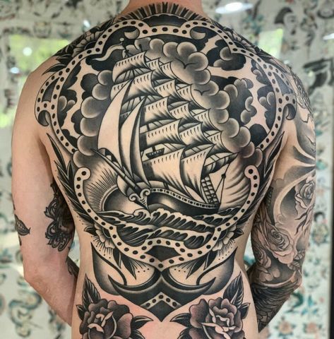 Traditional Tattoo Back Piece, Traditional Ship Tattoo, Traditional Back Tattoo, Backpiece Tattoo, Sailor Tattoos, Traditional Tattoo Inspiration, Smile Tattoo, Traditional Style Tattoo, Rose Tattoos For Men