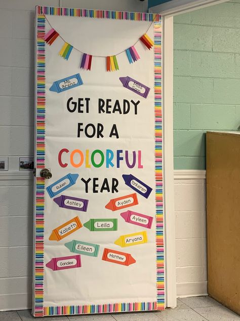 Door Chart For Preschool, Door Decor For Kindergarten, Colors And Shapes Door Decorations, Door Kindergarten Ideas, Crayon Classroom Door Ideas, Kinder Door Decoration, Crayons Theme Classroom, Rainbow Door Decor, Crayons Bulletin Board Ideas