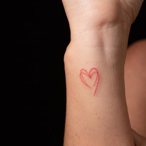 Messy Heart Tattoo, Handwritten Heart Tattoo, Orange Heart Tattoo, Overlapping Heart Tattoo, Overlapping Hearts Tattoo, Heart Stamp Tattoo, Bi Tattoos For Women, Red Love Heart Tattoo, Fine Line Heart Tattoo