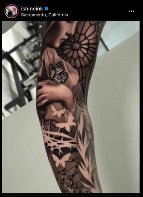 Butterfly Negative Space, Negative Butterfly Tattoo, Reverse Tattoo Negative Space, Negative Space Floral Tattoo, Negative Space Tattoo Flower, Full Leg Sleeve Tattoo Female, Negative Space Tattoo, Leg Sleeve Tattoo, Sleeve Ideas